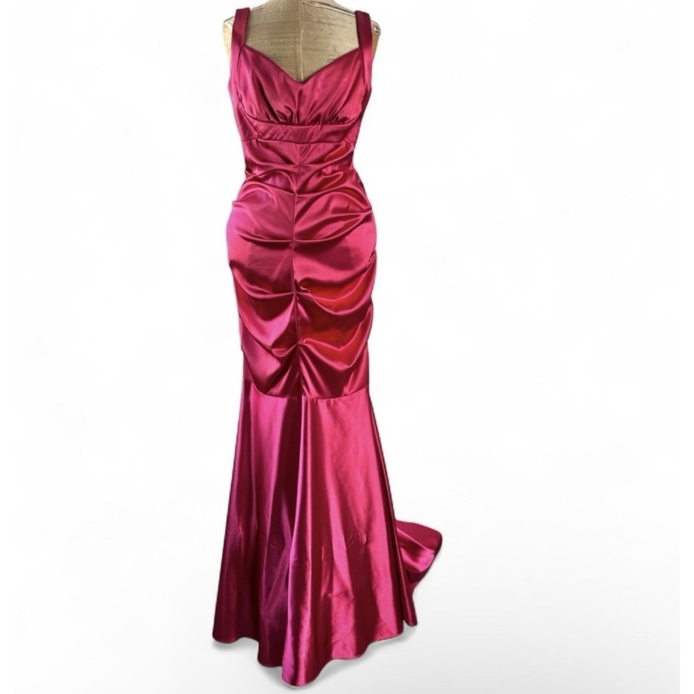 Vintage Xscape 90s Y2K Ruched Satin Prom Dress Formal Gown Sz 8 Strawberry Pink